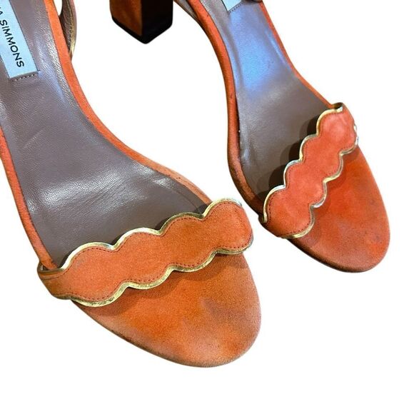 Revolve Tabitha Simmons Orange Suede Leather Scalloped Sandals Block Heels - Picture 4 of 11